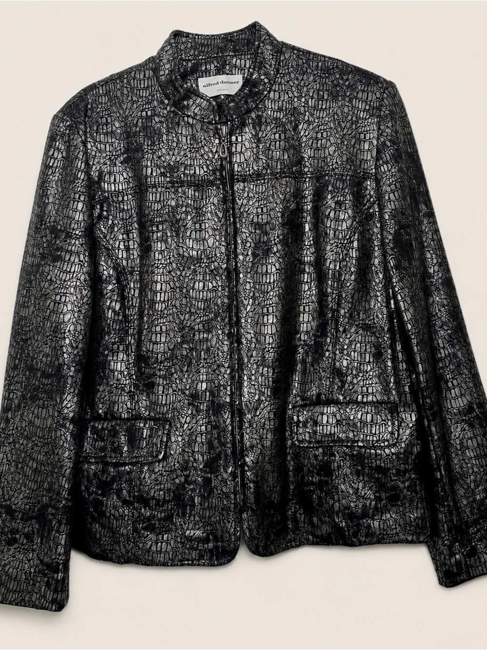 Alfred Dunner Black Croc-Embossed Zip-Front Black/silver Metallic Jacket - S.12